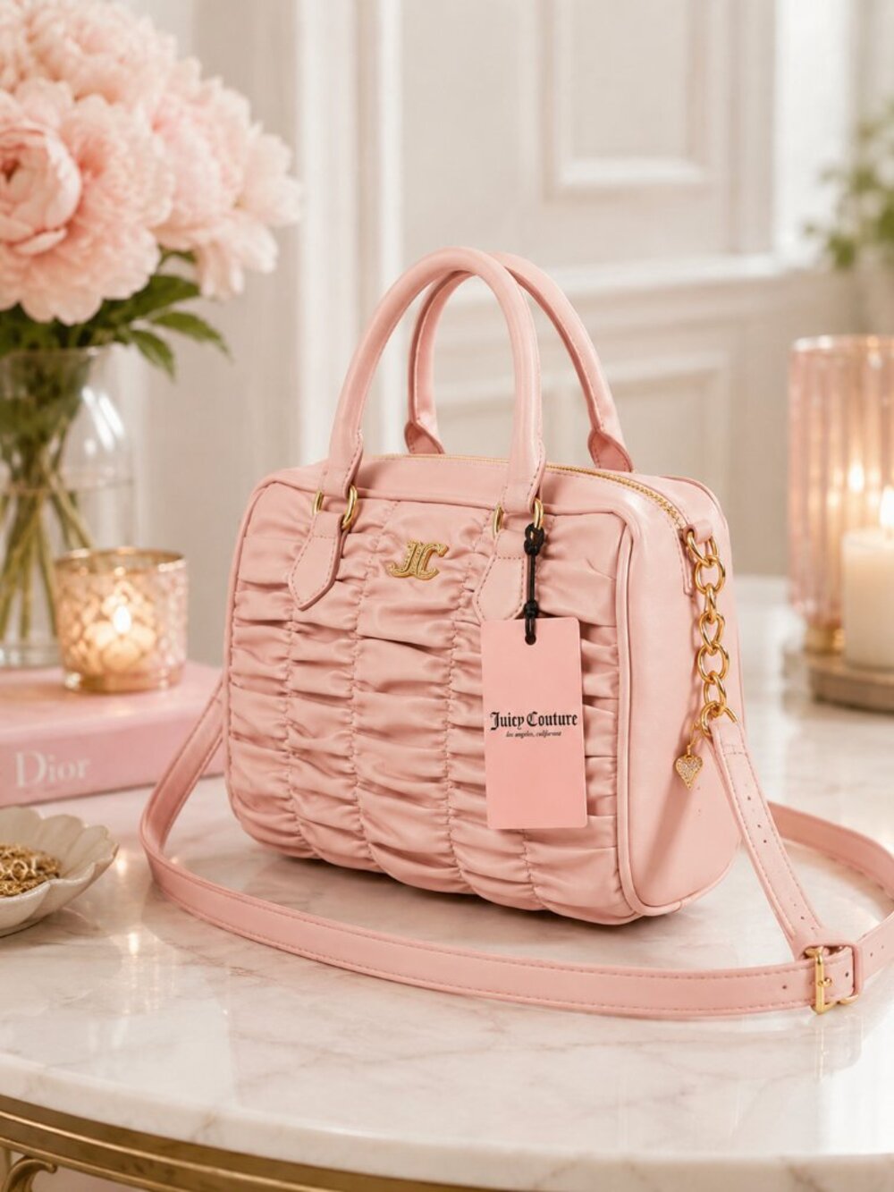 Juicy Couture Run The World Satchel Pink Diamond Ruched NWT
